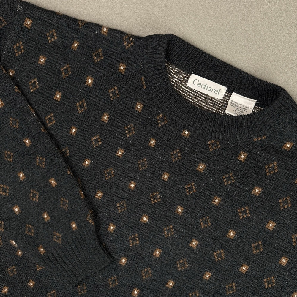 Vintage Cacharel Sweater Mens Medium Acrylic‎ Wool Blend Black Brown Festive